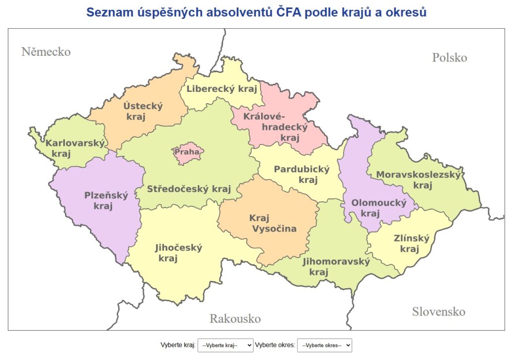 Seznam úspěšných absolventů ČFA podle krajů a okresů